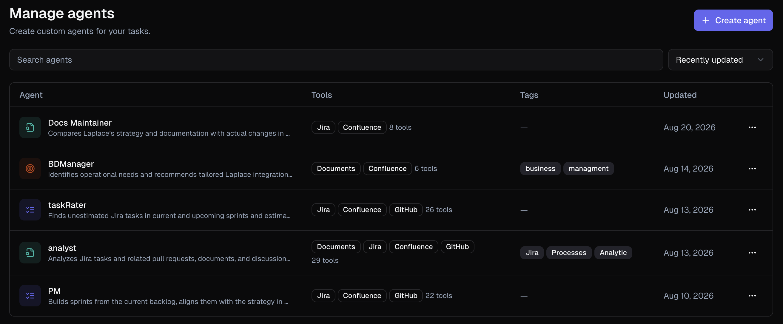 Laplace agent management screen showing digital employees, tools, tags and update dates
