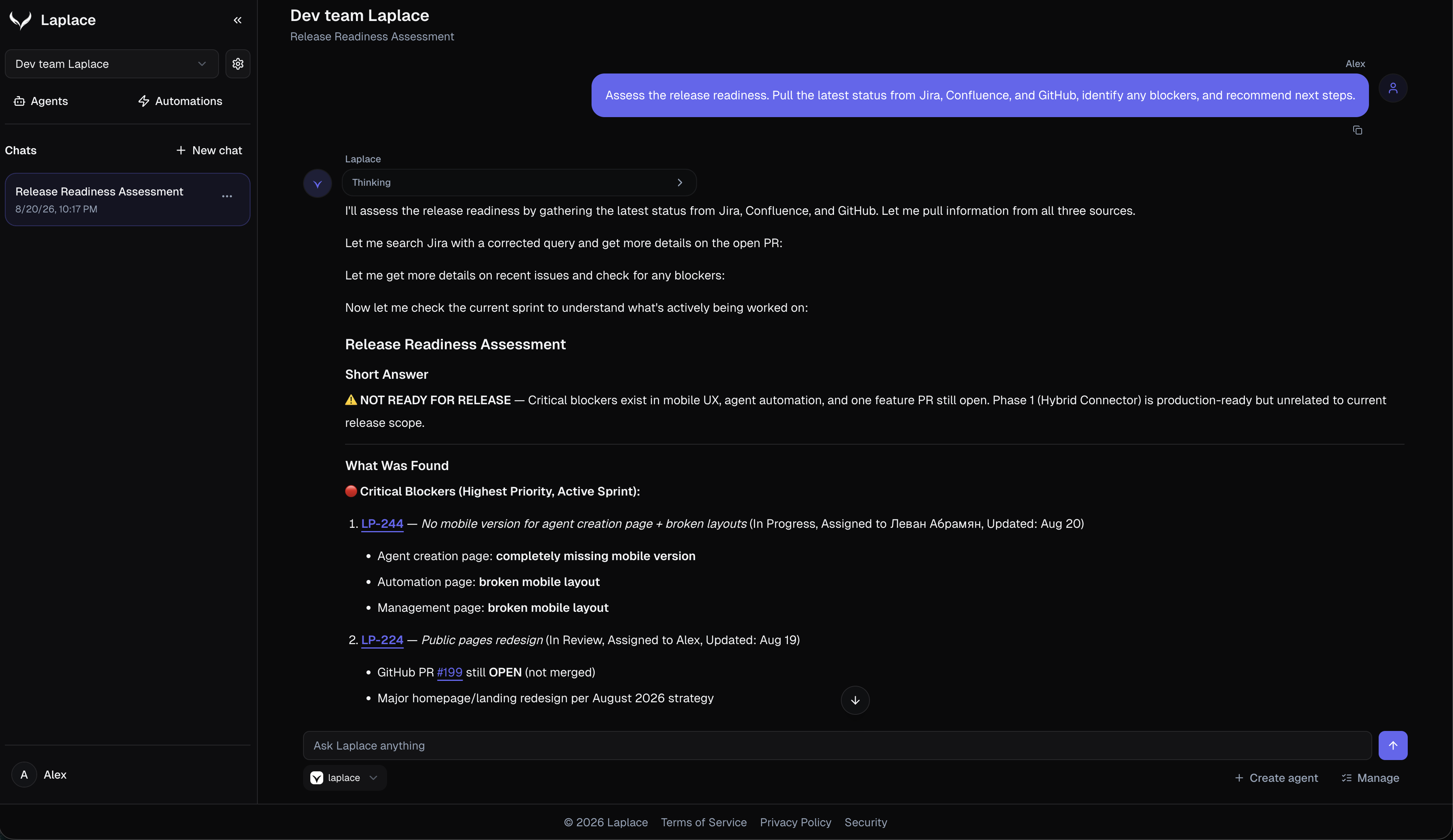 Laplace Dev Team workspace showing a release readiness analysis using Jira, Confluence and GitHub data