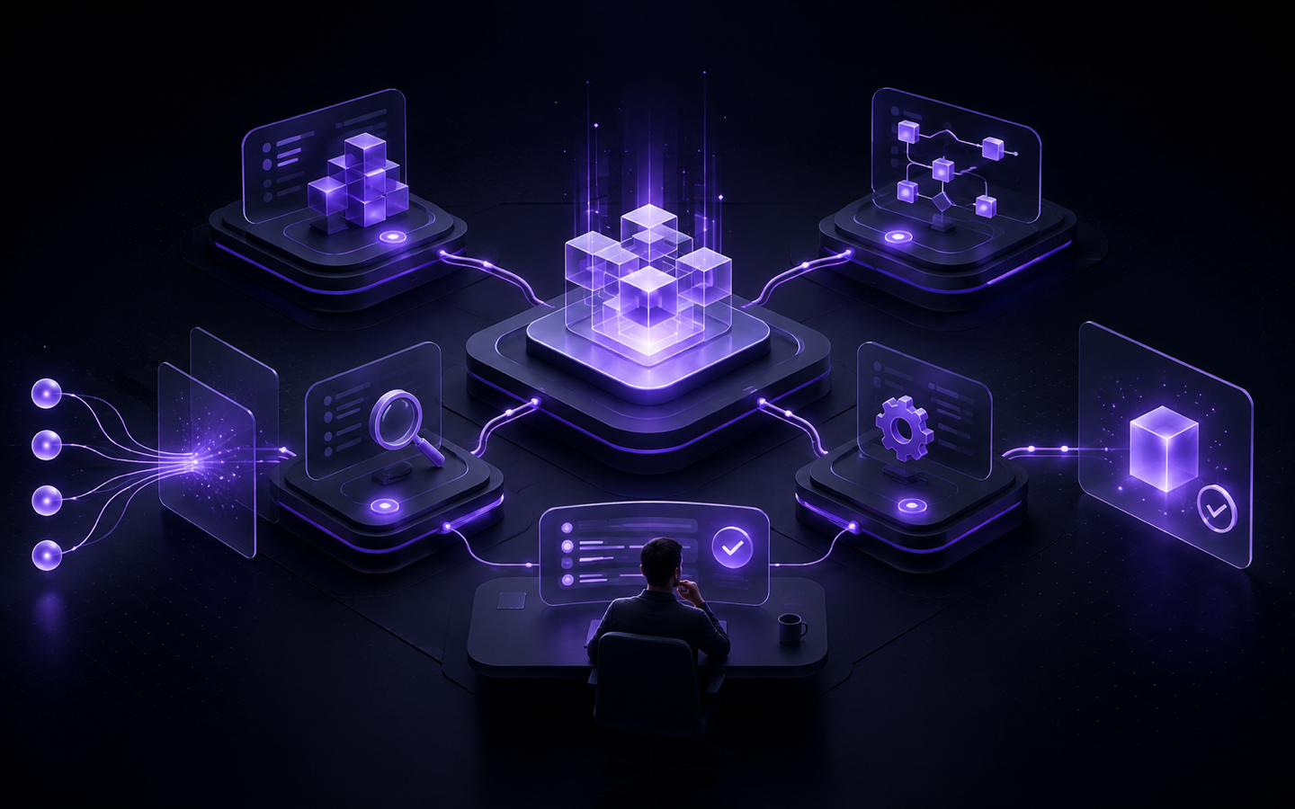 A managed digital team of specialized AI agents works through a shared process with human oversight